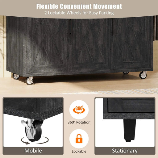 K&K 51.2'W Geometric Twill Stripe Textured Design Kitchen Island with Drop Leaf, Farmhouse Kitchen Island on Wheels with Internal Storage Rack, Rolling Kitchen Cart with Towel Rack for Kitchen, Black Default -DTYStore