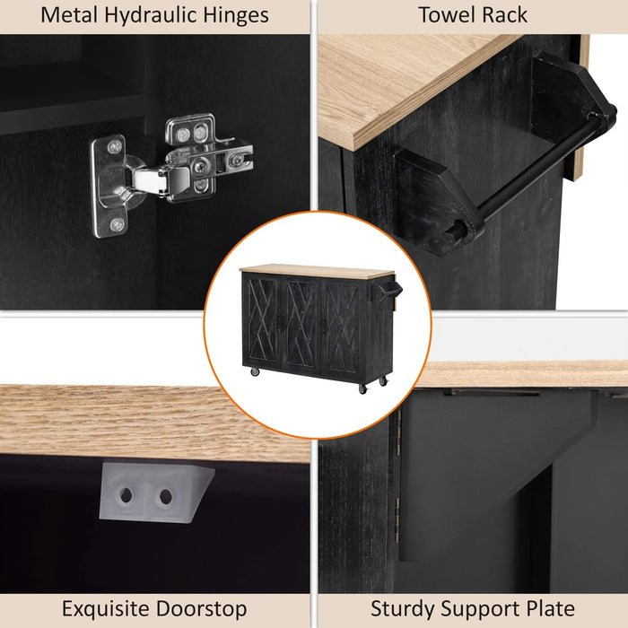 K&K 51.2'W Geometric Twill Stripe Textured Design Kitchen Island with Drop Leaf, Farmhouse Kitchen Island on Wheels with Internal Storage Rack, Rolling Kitchen Cart with Towel Rack for Kitchen, Black Default -DTYStore