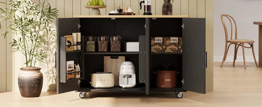 K&K 51.2'W Geometric Twill Stripe Textured Design Kitchen Island with Drop Leaf, Farmhouse Kitchen Island on Wheels with Internal Storage Rack, Rolling Kitchen Cart with Towel Rack for Kitchen, Black Default -DTYStore