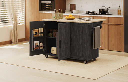 K&K 51.2'W Geometric Twill Stripe Textured Design Kitchen Island with Drop Leaf, Farmhouse Kitchen Island on Wheels with Internal Storage Rack, Rolling Kitchen Cart with Towel Rack for Kitchen, Black Default -DTYStore