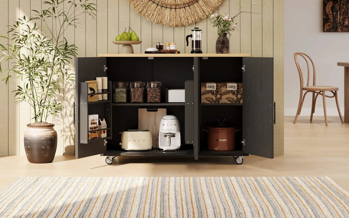 K&K 51.2'W Geometric Twill Stripe Textured Design Kitchen Island with Drop Leaf, Farmhouse Kitchen Island on Wheels with Internal Storage Rack, Rolling Kitchen Cart with Towel Rack for Kitchen, Black Default -DTYStore