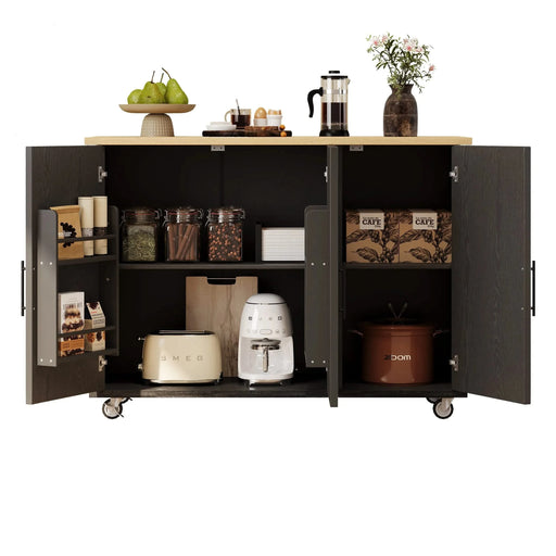 K&K 51.2'W Geometric Twill Stripe Textured Design Kitchen Island with Drop Leaf, Farmhouse Kitchen Island on Wheels with Internal Storage Rack, Rolling Kitchen Cart with Towel Rack for Kitchen, Black Default -DTYStore