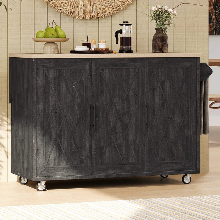 K&K 51.2'W Geometric Twill Stripe Textured Design Kitchen Island with Drop Leaf, Farmhouse Kitchen Island on Wheels with Internal Storage Rack, Rolling Kitchen Cart with Towel Rack for Kitchen, Black Default -DTYStore