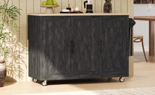 K&K 51.2'W Geometric Twill Stripe Textured Design Kitchen Island with Drop Leaf, Farmhouse Kitchen Island on Wheels with Internal Storage Rack, Rolling Kitchen Cart with Towel Rack for Kitchen, Black Default -DTYStore