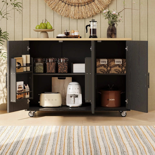 K&K 51.2'W Geometric Twill Stripe Textured Design Kitchen Island with Drop Leaf, Farmhouse Kitchen Island on Wheels with Internal Storage Rack, Rolling Kitchen Cart with Towel Rack for Kitchen, Black Default -DTYStore