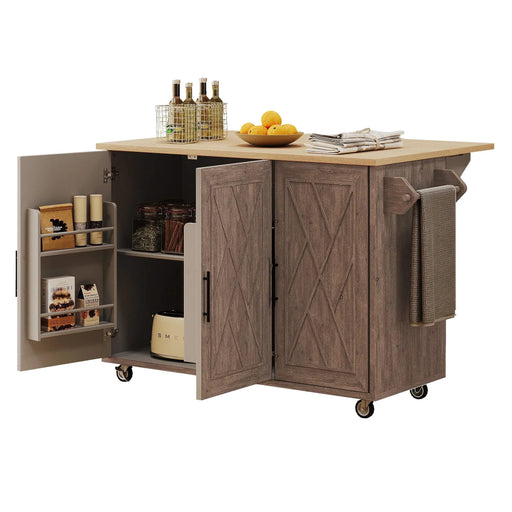 K&K 51.2'W Geometric Twill Stripe Textured Design Kitchen Island with Drop Leaf, Farmhouse Kitchen Island on Wheels with Internal Storage Rack, Rolling Kitchen Cart with Towel Rack for Kitchen, Brown Default -DTYStore