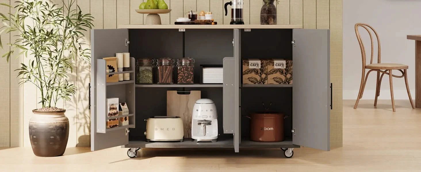 K&K 51.2'W Geometric Twill Stripe Textured Design Kitchen Island with Drop Leaf, Farmhouse Kitchen Island on Wheels with Internal Storage Rack, Rolling Kitchen Cart with Towel Rack for Kitchen, Brown Default -DTYStore