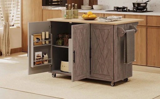 K&K 51.2'W Geometric Twill Stripe Textured Design Kitchen Island with Drop Leaf, Farmhouse Kitchen Island on Wheels with Internal Storage Rack, Rolling Kitchen Cart with Towel Rack for Kitchen, Brown Default -DTYStore