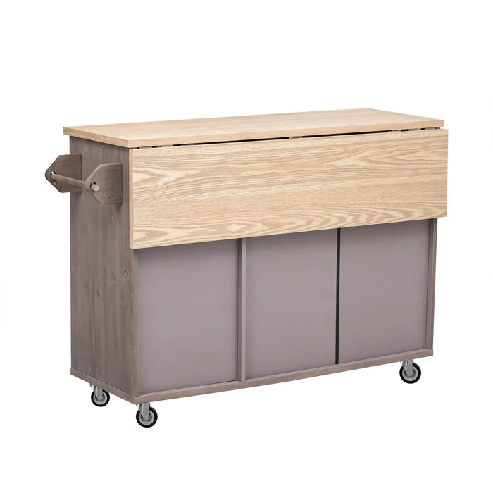 K&K 51.2'W Geometric Twill Stripe Textured Design Kitchen Island with Drop Leaf, Farmhouse Kitchen Island on Wheels with Internal Storage Rack, Rolling Kitchen Cart with Towel Rack for Kitchen, Brown Default -DTYStore