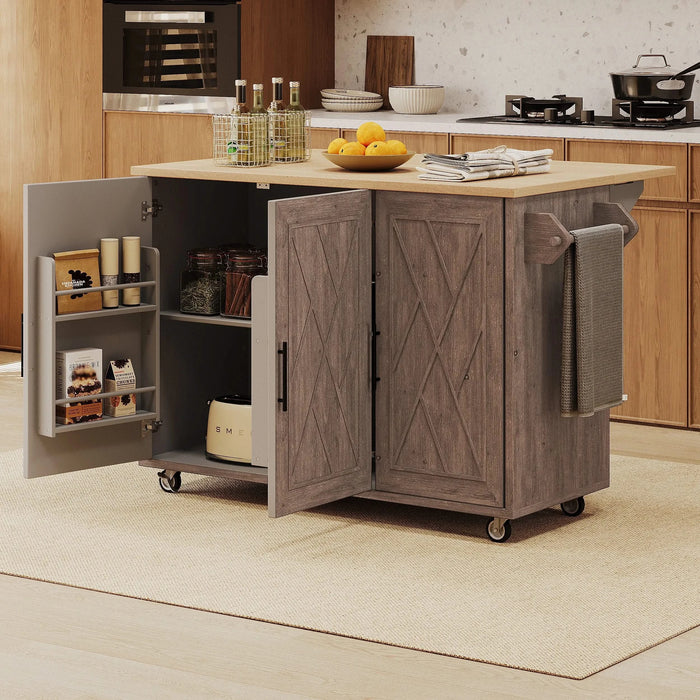 K&K 51.2'W Geometric Twill Stripe Textured Design Kitchen Island with Drop Leaf, Farmhouse Kitchen Island on Wheels with Internal Storage Rack, Rolling Kitchen Cart with Towel Rack for Kitchen, Brown Default -DTYStore