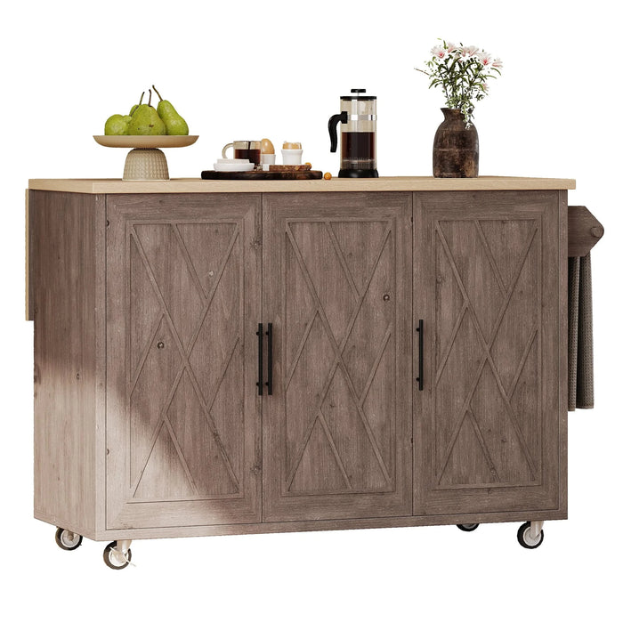K&K 51.2'W Geometric Twill Stripe Textured Design Kitchen Island with Drop Leaf, Farmhouse Kitchen Island on Wheels with Internal Storage Rack, Rolling Kitchen Cart with Towel Rack for Kitchen, Brown Default -DTYStore