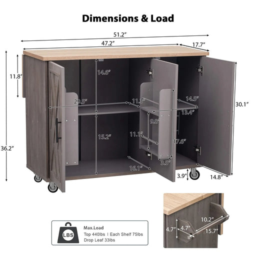 K&K 51.2'W Geometric Twill Stripe Textured Design Kitchen Island with Drop Leaf, Farmhouse Kitchen Island on Wheels with Internal Storage Rack, Rolling Kitchen Cart with Towel Rack for Kitchen, Brown Default -DTYStore