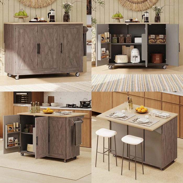 K&K 51.2'W Geometric Twill Stripe Textured Design Kitchen Island with Drop Leaf, Farmhouse Kitchen Island on Wheels with Internal Storage Rack, Rolling Kitchen Cart with Towel Rack for Kitchen, Brown Default -DTYStore