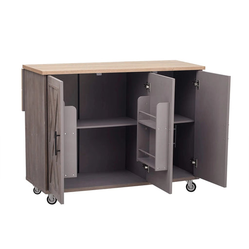 K&K 51.2'W Geometric Twill Stripe Textured Design Kitchen Island with Drop Leaf, Farmhouse Kitchen Island on Wheels with Internal Storage Rack, Rolling Kitchen Cart with Towel Rack for Kitchen, Brown Default -DTYStore