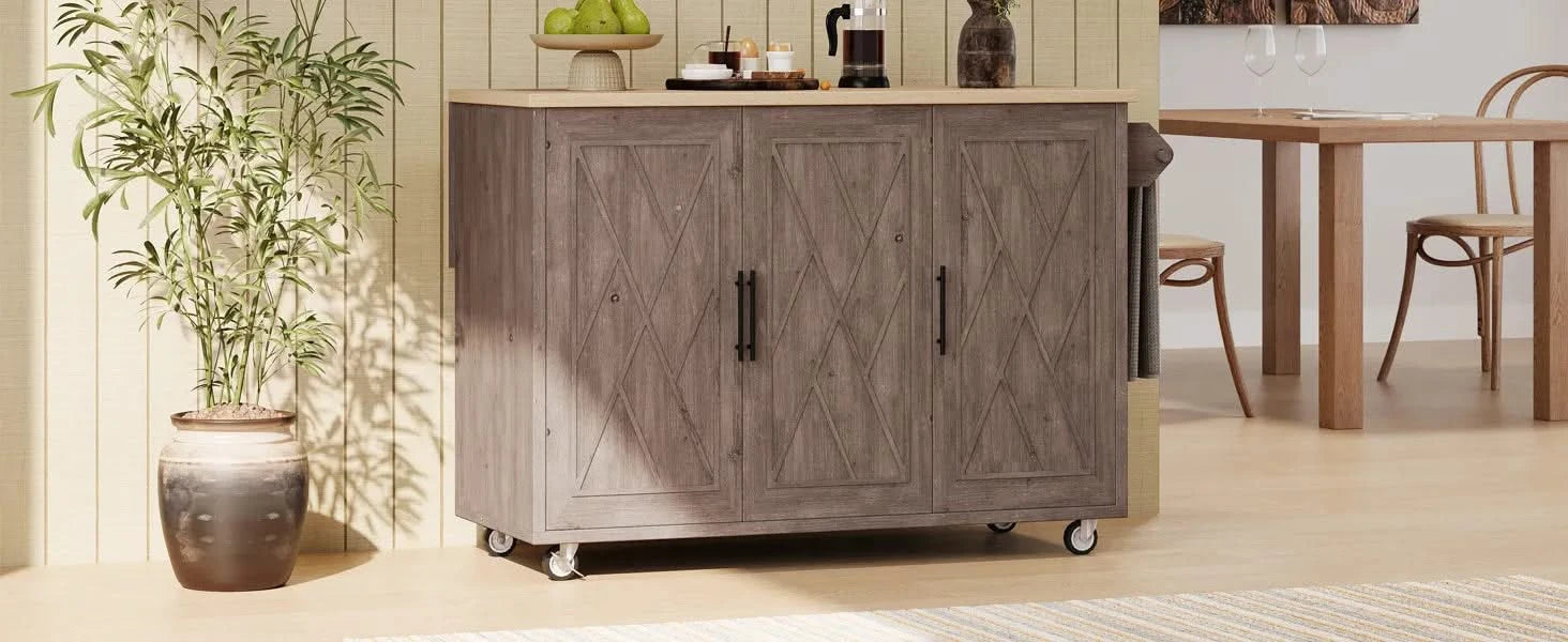 K&K 51.2'W Geometric Twill Stripe Textured Design Kitchen Island with Drop Leaf, Farmhouse Kitchen Island on Wheels with Internal Storage Rack, Rolling Kitchen Cart with Towel Rack for Kitchen, Brown Default -DTYStore