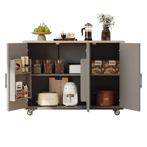 K&K 51.2'W Geometric Twill Stripe Textured Design Kitchen Island with Drop Leaf, Farmhouse Kitchen Island on Wheels with Internal Storage Rack, Rolling Kitchen Cart with Towel Rack for Kitchen, Brown Default -DTYStore