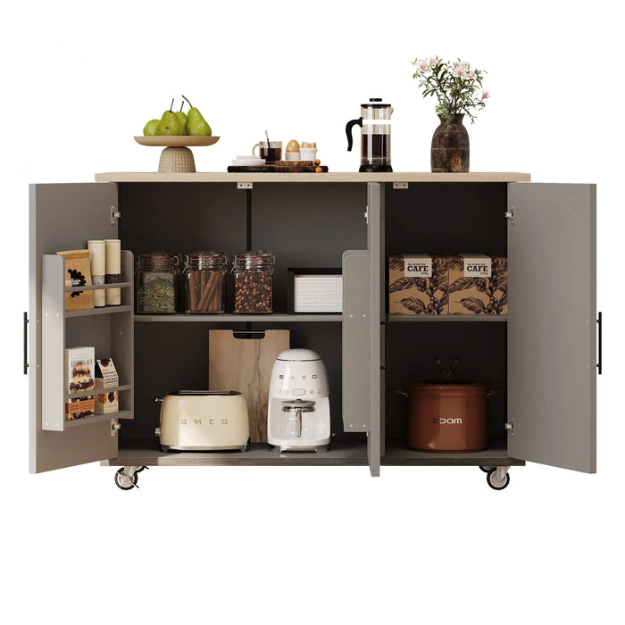 K&K 51.2'W Geometric Twill Stripe Textured Design Kitchen Island with Drop Leaf, Farmhouse Kitchen Island on Wheels with Internal Storage Rack, Rolling Kitchen Cart with Towel Rack for Kitchen, Brown Default -DTYStore