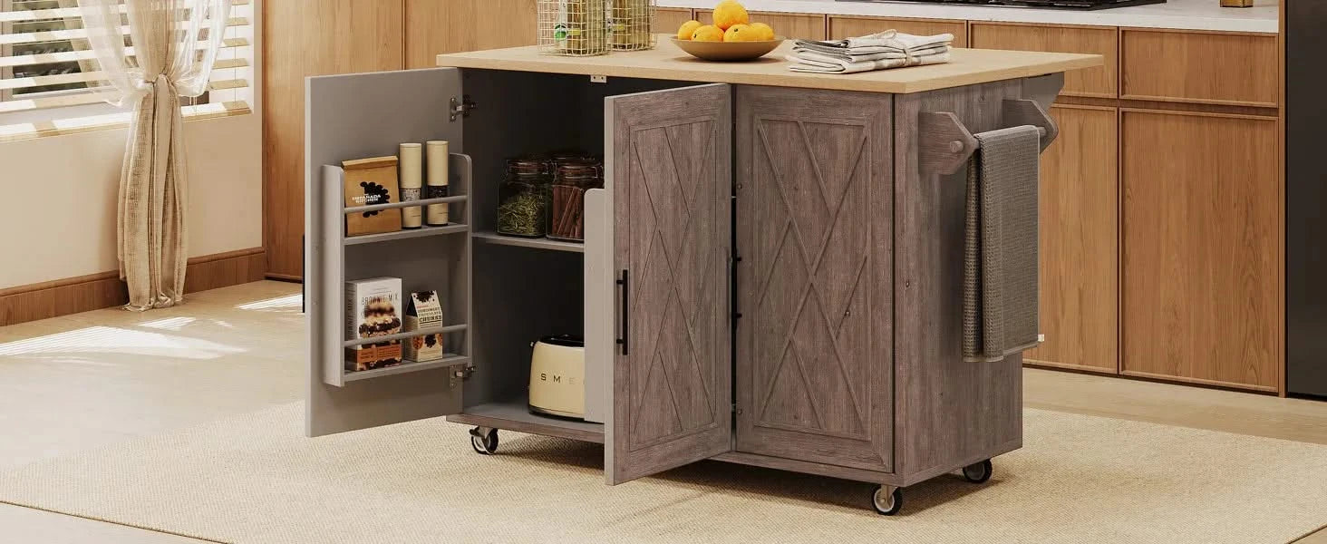 K&K 51.2'W Geometric Twill Stripe Textured Design Kitchen Island with Drop Leaf, Farmhouse Kitchen Island on Wheels with Internal Storage Rack, Rolling Kitchen Cart with Towel Rack for Kitchen, Brown Default -DTYStore