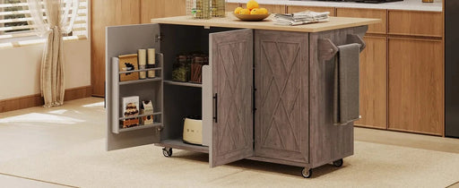 K&K 51.2'W Geometric Twill Stripe Textured Design Kitchen Island with Drop Leaf, Farmhouse Kitchen Island on Wheels with Internal Storage Rack, Rolling Kitchen Cart with Towel Rack for Kitchen, Brown Default -DTYStore