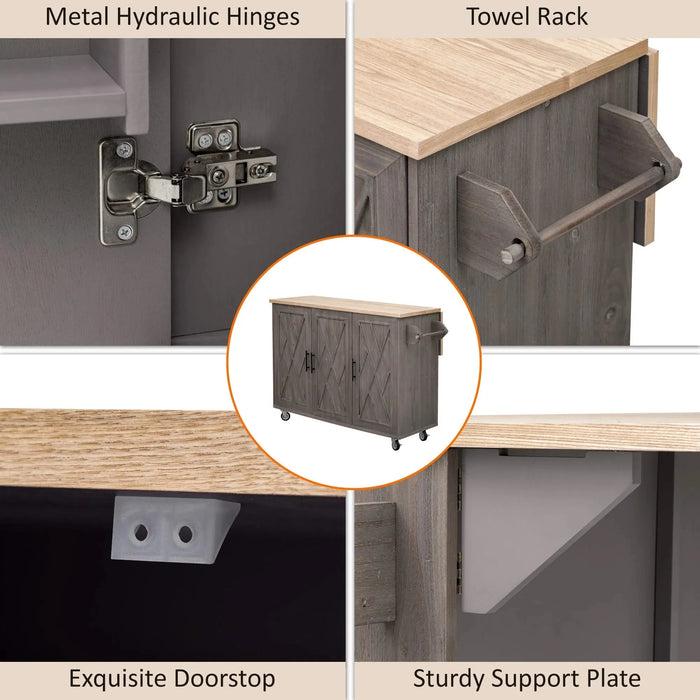 K&K 51.2'W Geometric Twill Stripe Textured Design Kitchen Island with Drop Leaf, Farmhouse Kitchen Island on Wheels with Internal Storage Rack, Rolling Kitchen Cart with Towel Rack for Kitchen, Brown Default -DTYStore