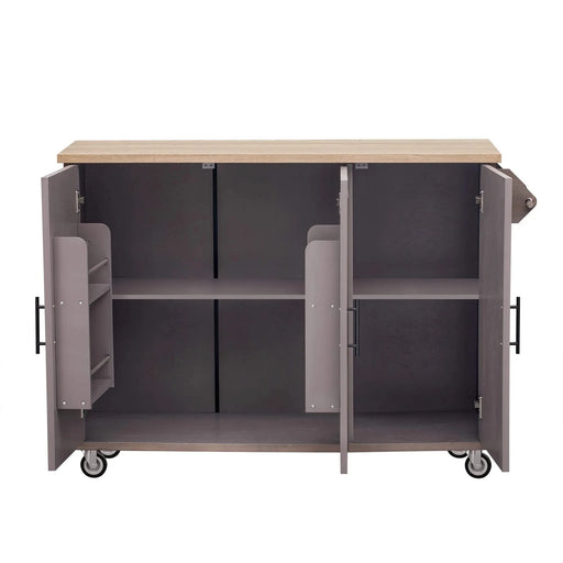 K&K 51.2'W Geometric Twill Stripe Textured Design Kitchen Island with Drop Leaf, Farmhouse Kitchen Island on Wheels with Internal Storage Rack, Rolling Kitchen Cart with Towel Rack for Kitchen, Brown Default -DTYStore