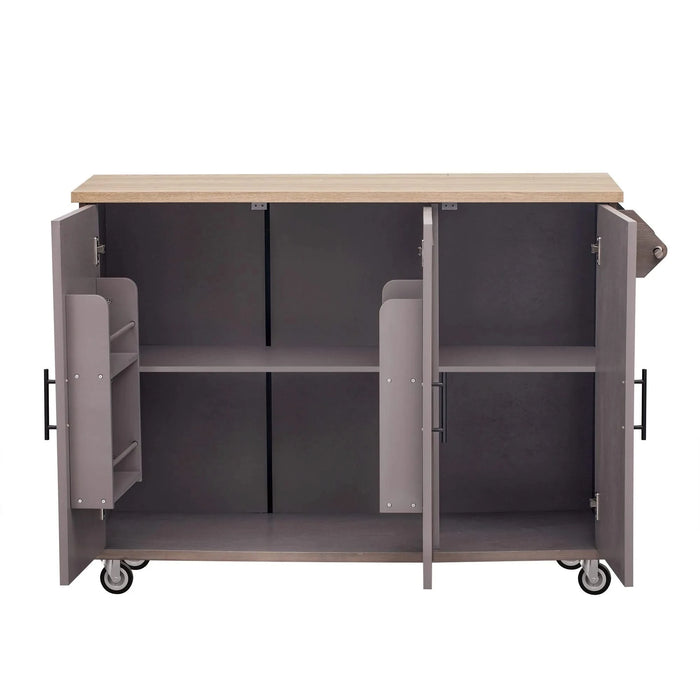 K&K 51.2'W Geometric Twill Stripe Textured Design Kitchen Island with Drop Leaf, Farmhouse Kitchen Island on Wheels with Internal Storage Rack, Rolling Kitchen Cart with Towel Rack for Kitchen, Brown Default -DTYStore