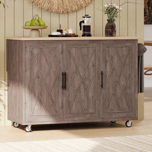 K&K 51.2'W Geometric Twill Stripe Textured Design Kitchen Island with Drop Leaf, Farmhouse Kitchen Island on Wheels with Internal Storage Rack, Rolling Kitchen Cart with Towel Rack for Kitchen, Brown Default -DTYStore