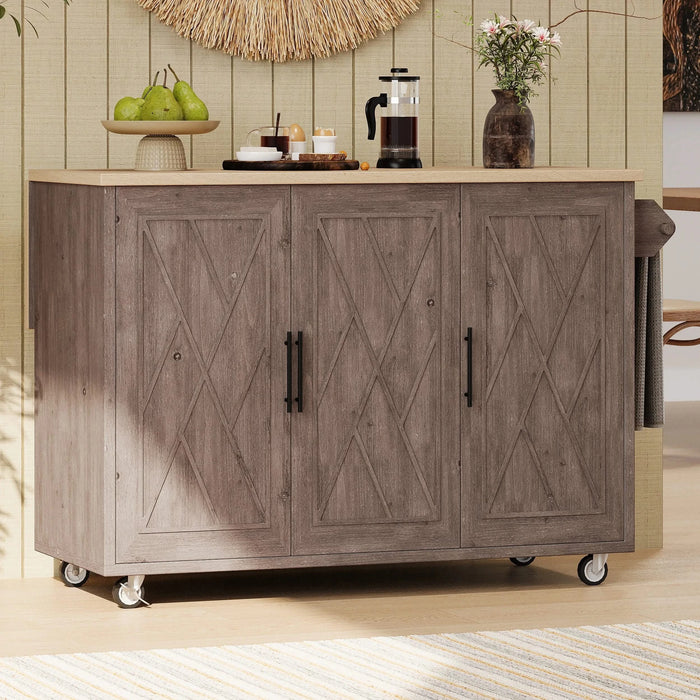 K&K 51.2'W Geometric Twill Stripe Textured Design Kitchen Island with Drop Leaf, Farmhouse Kitchen Island on Wheels with Internal Storage Rack, Rolling Kitchen Cart with Towel Rack for Kitchen, Brown Default -DTYStore