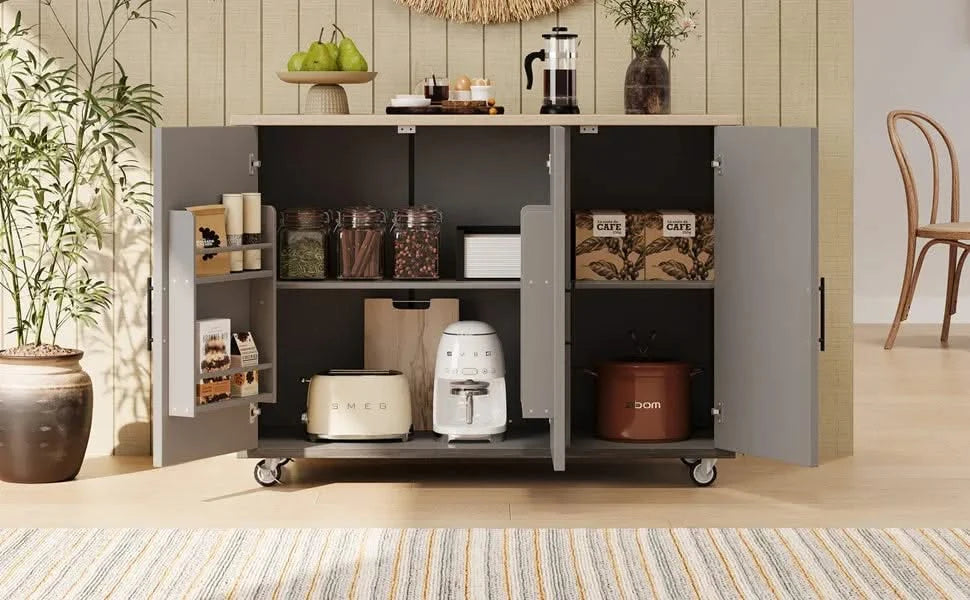 K&K 51.2'W Geometric Twill Stripe Textured Design Kitchen Island with Drop Leaf, Farmhouse Kitchen Island on Wheels with Internal Storage Rack, Rolling Kitchen Cart with Towel Rack for Kitchen, Brown Default -DTYStore