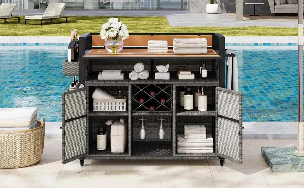 K&K 52.8'W Wicker Outdoor Grill Cart with Extended Plastic Wood Table Top, Rolling Kitchen Island on Wheels with Storage Cabinet, for Patio Backyard Garden Poolside, Double Handle Design, Grey Default -DTYStore