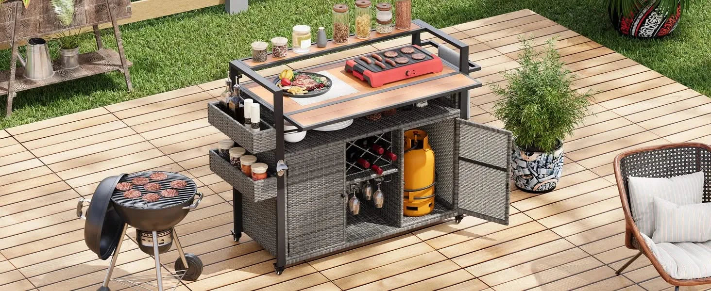K&K 52.8'W Wicker Outdoor Grill Cart with Extended Plastic Wood Table Top, Rolling Kitchen Island on Wheels with Storage Cabinet, for Patio Backyard Garden Poolside, Double Handle Design, Grey Default -DTYStore