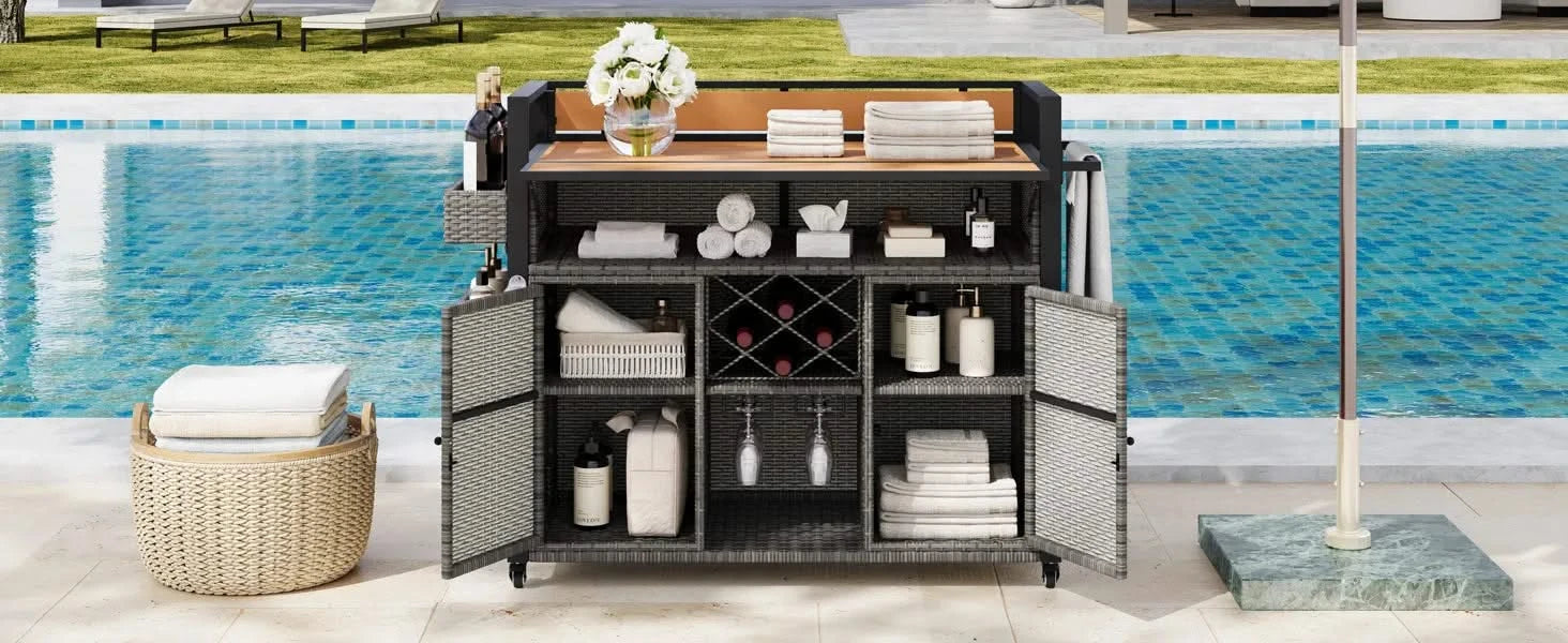 K&K 52.8'W Wicker Outdoor Grill Cart with Extended Plastic Wood Table Top, Rolling Kitchen Island on Wheels with Storage Cabinet, for Patio Backyard Garden Poolside, Double Handle Design, Grey Default -DTYStore