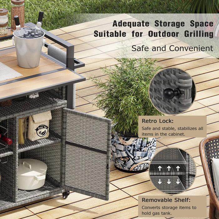 K&K 52.8'W Wicker Outdoor Grill Cart with Extended Plastic Wood Table Top, Rolling Kitchen Island on Wheels with Storage Cabinet, for Patio Backyard Garden Poolside, Double Handle Design, Grey Default -DTYStore
