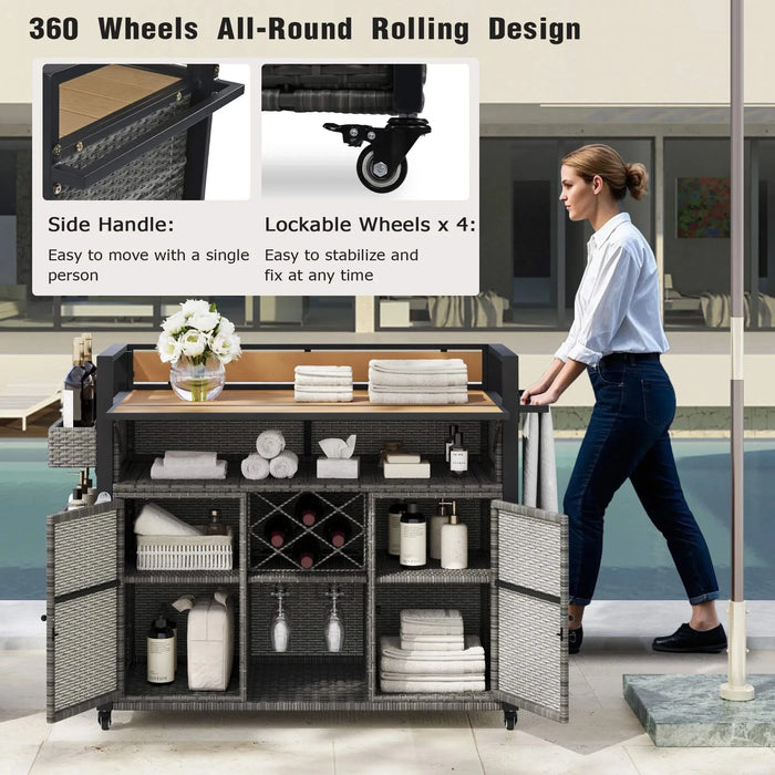 K&K 52.8'W Wicker Outdoor Grill Cart with Extended Plastic Wood Table Top, Rolling Kitchen Island on Wheels with Storage Cabinet, for Patio Backyard Garden Poolside, Double Handle Design, Grey Default -DTYStore