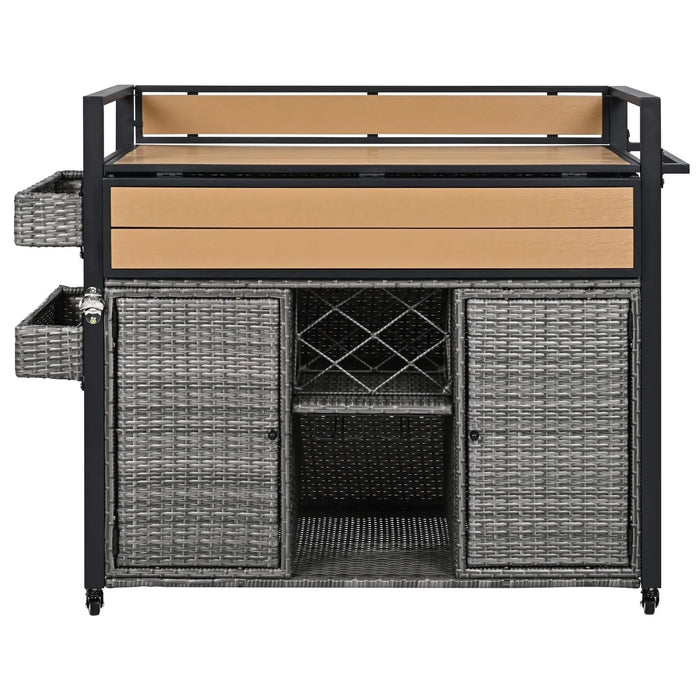 K&K 52.8'W Wicker Outdoor Grill Cart with Extended Plastic Wood Table Top, Rolling Kitchen Island on Wheels with Storage Cabinet, for Patio Backyard Garden Poolside, Double Handle Design, Grey Default -DTYStore