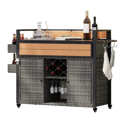 K&K 52.8'W Wicker Outdoor Grill Cart with Extended Plastic Wood Table Top, Rolling Kitchen Island on Wheels with Storage Cabinet, for Patio Backyard Garden Poolside, Double Handle Design, Grey Default -DTYStore