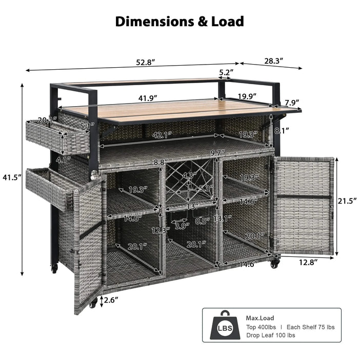 K&K 52.8'W Wicker Outdoor Grill Cart with Extended Plastic Wood Table Top, Rolling Kitchen Island on Wheels with Storage Cabinet, for Patio Backyard Garden Poolside, Double Handle Design, Grey Default -DTYStore
