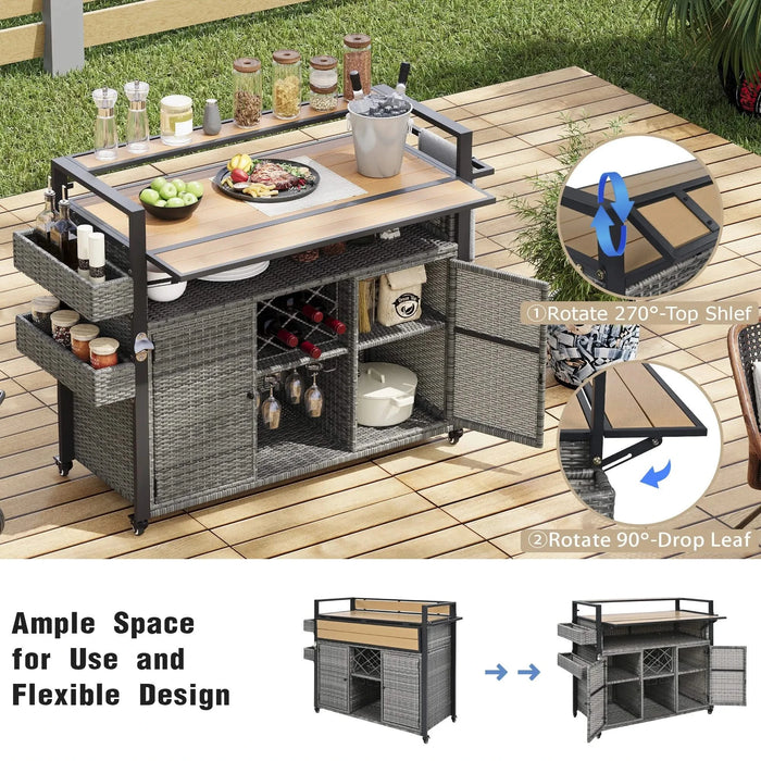K&K 52.8'W Wicker Outdoor Grill Cart with Extended Plastic Wood Table Top, Rolling Kitchen Island on Wheels with Storage Cabinet, for Patio Backyard Garden Poolside, Double Handle Design, Grey Default -DTYStore