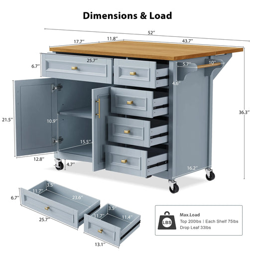 K&K 52'' Kitchen Island with Drop Leaf, Embossed Texture Kitchen Island on Wheels with Spice Rack, Towel Rack, 2 Doors and 5 Drawers, Kitchen Storage Cart with Adjustable Shelf for Kitchen, Blue Grey Default -DTYStore