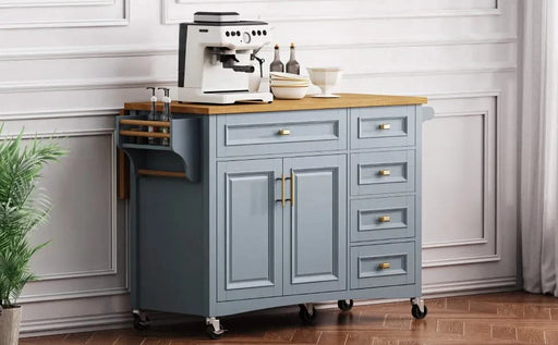 K&K 52'' Kitchen Island with Drop Leaf, Embossed Texture Kitchen Island on Wheels with Spice Rack, Towel Rack, 2 Doors and 5 Drawers, Kitchen Storage Cart with Adjustable Shelf for Kitchen, Blue Grey Default -DTYStore