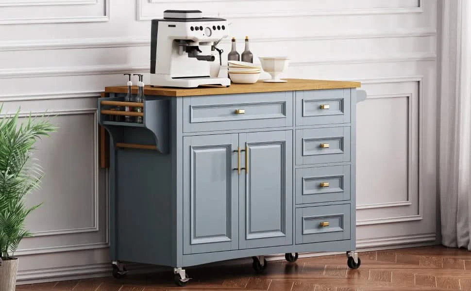K&K 52'' Kitchen Island with Drop Leaf, Embossed Texture Kitchen Island on Wheels with Spice Rack, Towel Rack, 2 Doors and 5 Drawers, Kitchen Storage Cart with Adjustable Shelf for Kitchen, Blue Grey Default -DTYStore