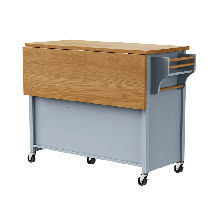 K&K 52'' Kitchen Island with Drop Leaf, Embossed Texture Kitchen Island on Wheels with Spice Rack, Towel Rack, 2 Doors and 5 Drawers, Kitchen Storage Cart with Adjustable Shelf for Kitchen, Blue Grey Default -DTYStore