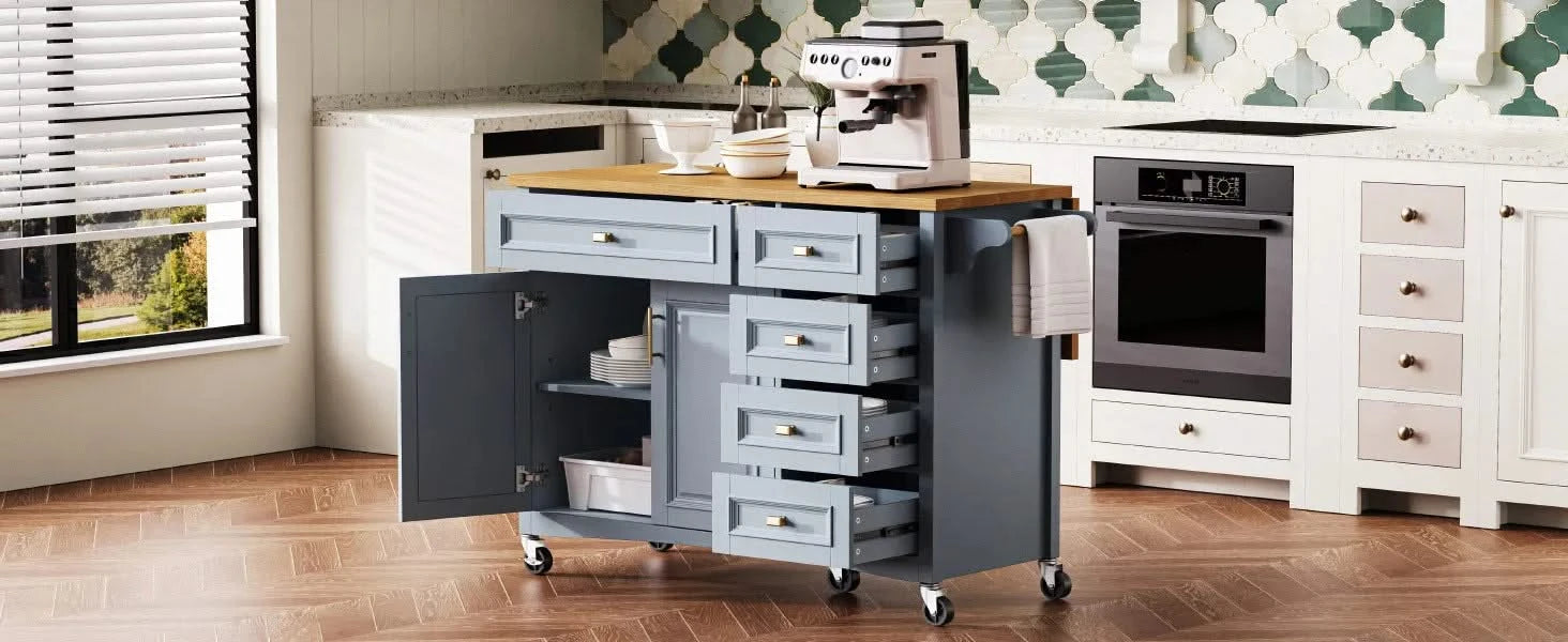 K&K 52'' Kitchen Island with Drop Leaf, Embossed Texture Kitchen Island on Wheels with Spice Rack, Towel Rack, 2 Doors and 5 Drawers, Kitchen Storage Cart with Adjustable Shelf for Kitchen, Blue Grey Default -DTYStore