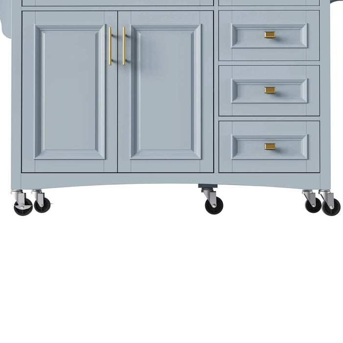 K&K 52'' Kitchen Island with Drop Leaf, Embossed Texture Kitchen Island on Wheels with Spice Rack, Towel Rack, 2 Doors and 5 Drawers, Kitchen Storage Cart with Adjustable Shelf for Kitchen, Blue Grey Default -DTYStore