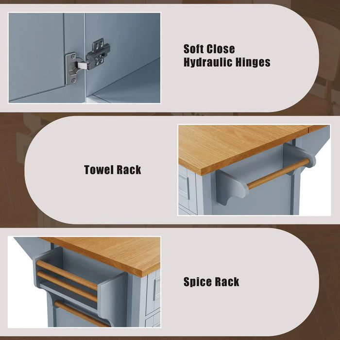 K&K 52'' Kitchen Island with Drop Leaf, Embossed Texture Kitchen Island on Wheels with Spice Rack, Towel Rack, 2 Doors and 5 Drawers, Kitchen Storage Cart with Adjustable Shelf for Kitchen, Blue Grey Default -DTYStore