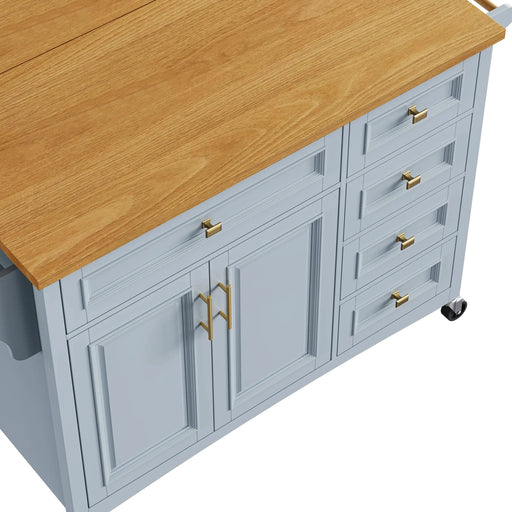 K&K 52'' Kitchen Island with Drop Leaf, Embossed Texture Kitchen Island on Wheels with Spice Rack, Towel Rack, 2 Doors and 5 Drawers, Kitchen Storage Cart with Adjustable Shelf for Kitchen, Blue Grey Default -DTYStore