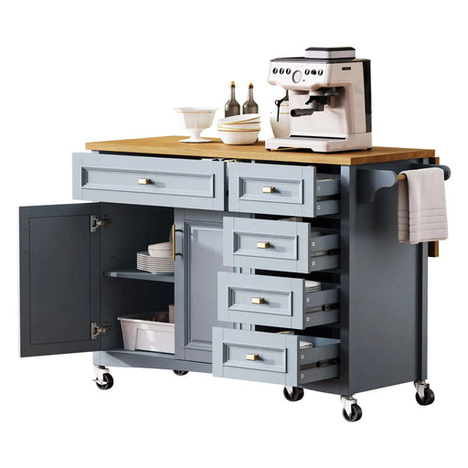 K&K 52'' Kitchen Island with Drop Leaf, Embossed Texture Kitchen Island on Wheels with Spice Rack, Towel Rack, 2 Doors and 5 Drawers, Kitchen Storage Cart with Adjustable Shelf for Kitchen, Blue Grey Default -DTYStore