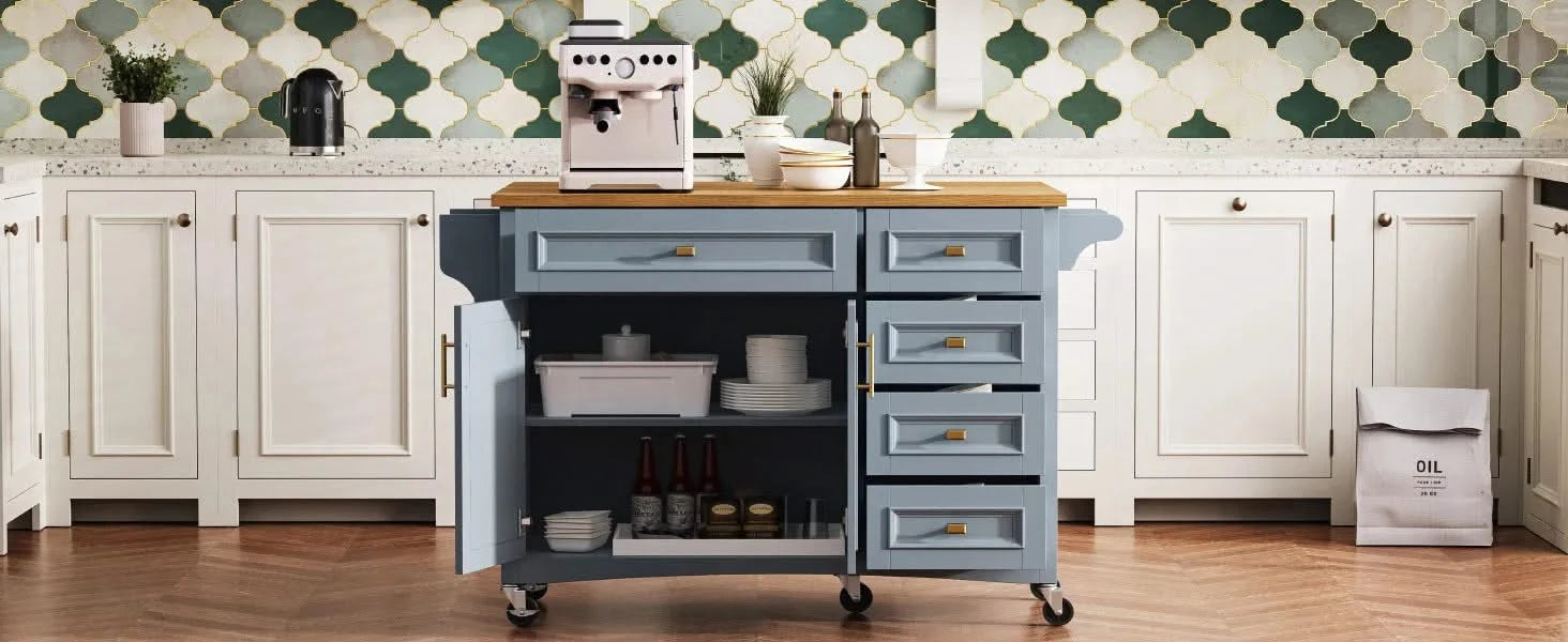 K&K 52'' Kitchen Island with Drop Leaf, Embossed Texture Kitchen Island on Wheels with Spice Rack, Towel Rack, 2 Doors and 5 Drawers, Kitchen Storage Cart with Adjustable Shelf for Kitchen, Blue Grey Default -DTYStore