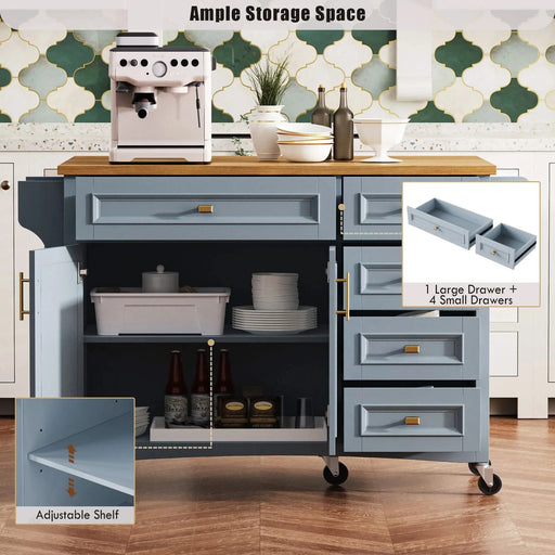 K&K 52'' Kitchen Island with Drop Leaf, Embossed Texture Kitchen Island on Wheels with Spice Rack, Towel Rack, 2 Doors and 5 Drawers, Kitchen Storage Cart with Adjustable Shelf for Kitchen, Blue Grey Default -DTYStore