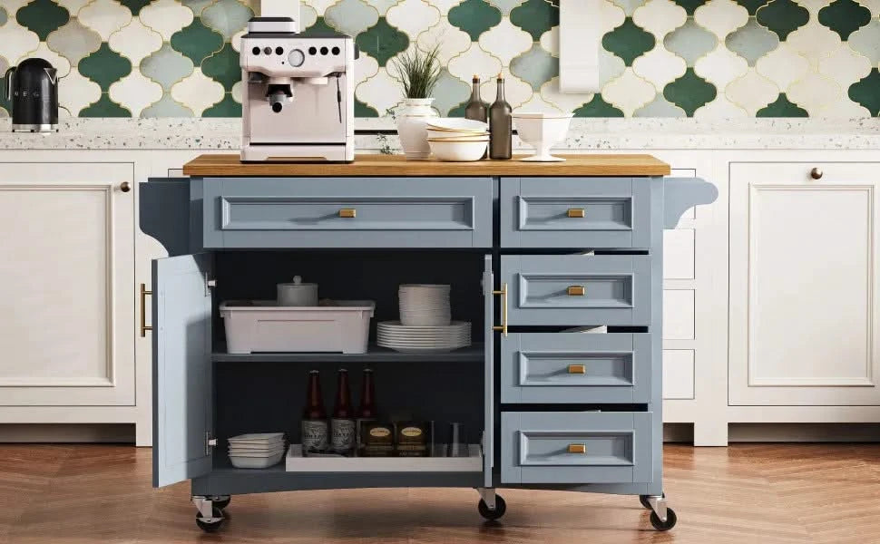 K&K 52'' Kitchen Island with Drop Leaf, Embossed Texture Kitchen Island on Wheels with Spice Rack, Towel Rack, 2 Doors and 5 Drawers, Kitchen Storage Cart with Adjustable Shelf for Kitchen, Blue Grey Default -DTYStore